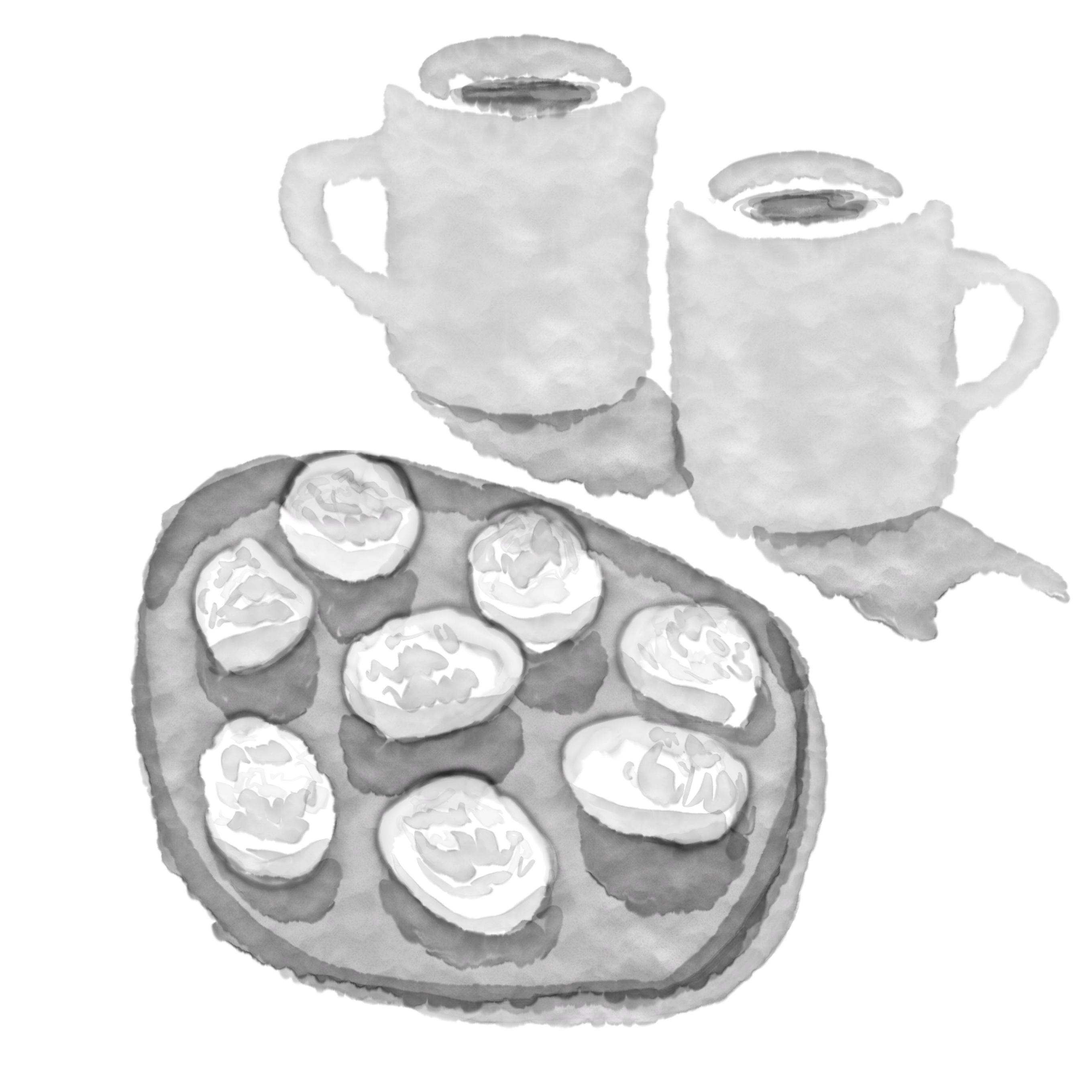 Digital greyscale watercolor art by elendraug. Eight deviled eggs are arranged on a plate beside a set of two everyday ceramic coffee mugs. The objects cast shadows that intermingle with the simulated wet paper.