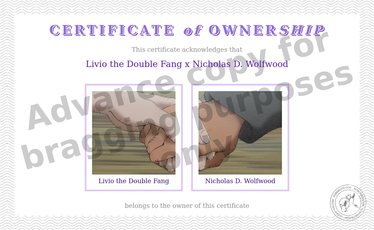 RobinBoob certificate for Livio x Nicholas D. Wolfwood