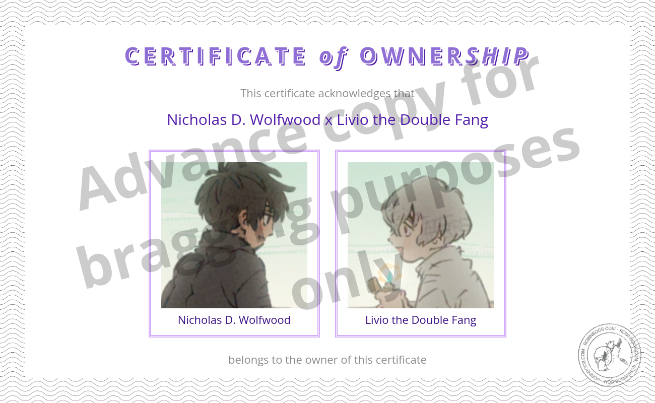 RobinBoob certificate for Nicholas D. Wolfwood x Livio