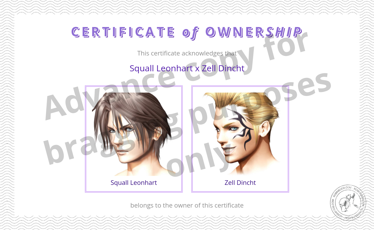 RobinBoob certificate for Squall Leonhart x Zell Dincht 