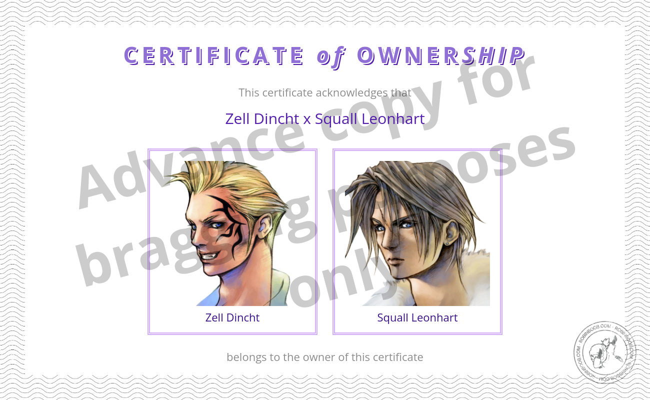 RobinBoob certificate for Zell Dincht x Squall Leonhart